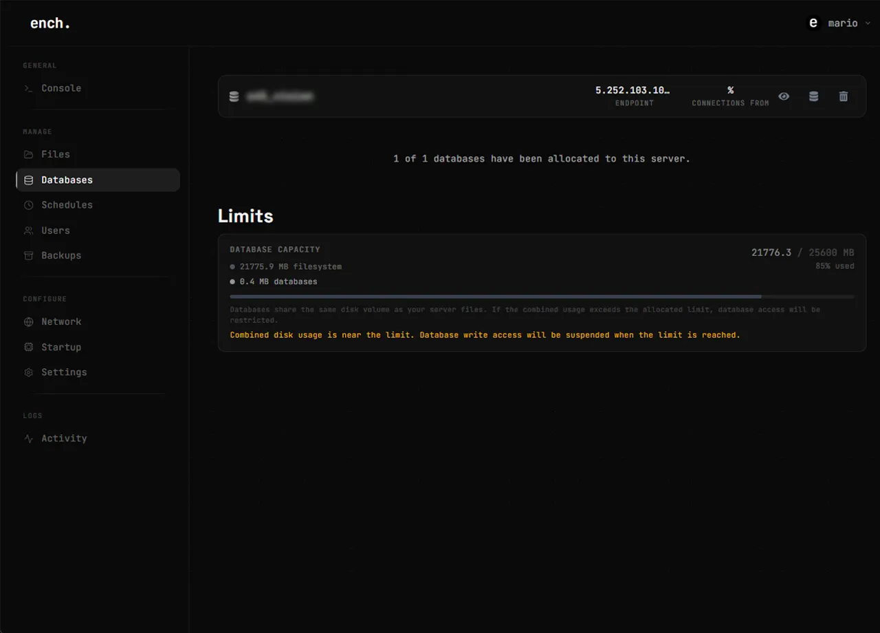 phpMyAdmin database list in the game hosting panel
