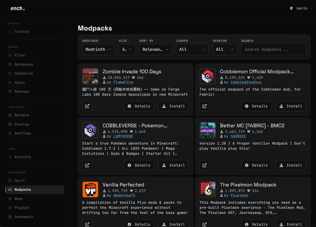 Minecraft modpack browser in the game hosting panel