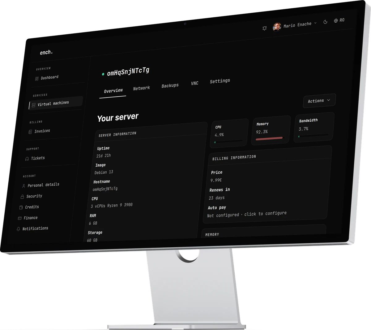 The ench. client area on a monitor: a virtual machine overview with uptime, CPU, memory and billing