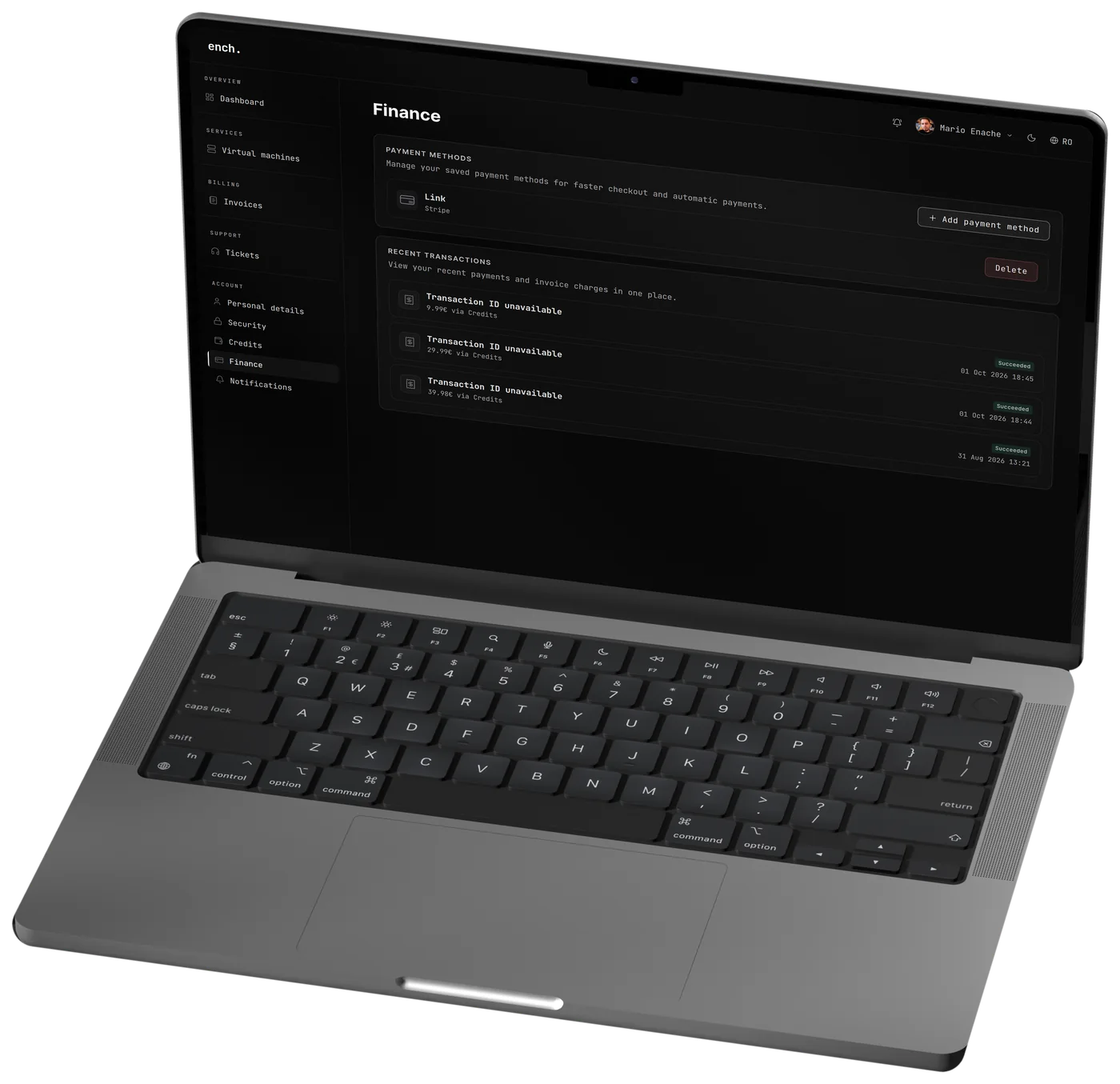 The ench. client portal on a laptop: saved payment methods and recent transactions