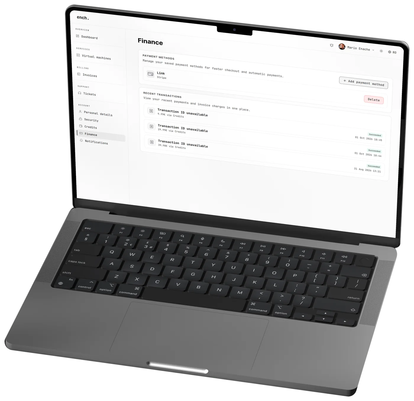 The ench. client portal on a laptop: saved payment methods and recent transactions