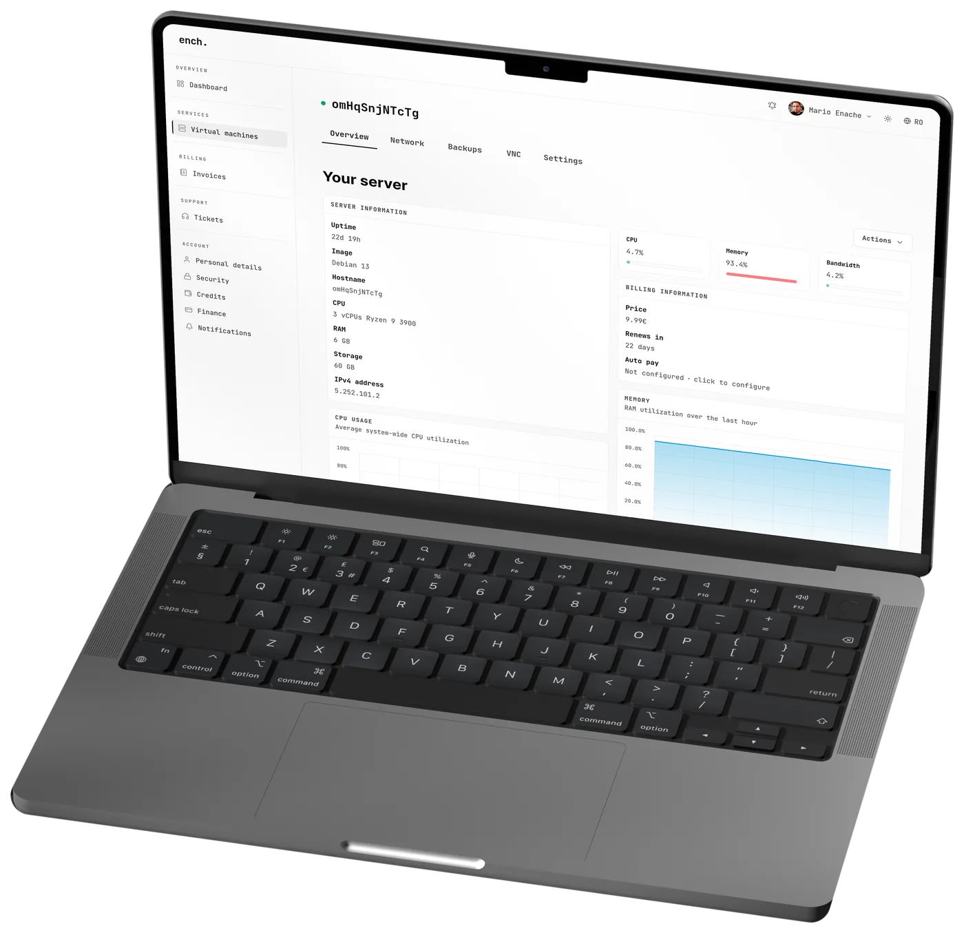 The ench. client portal on a laptop: a virtual machine overview with uptime, CPU, memory and billing