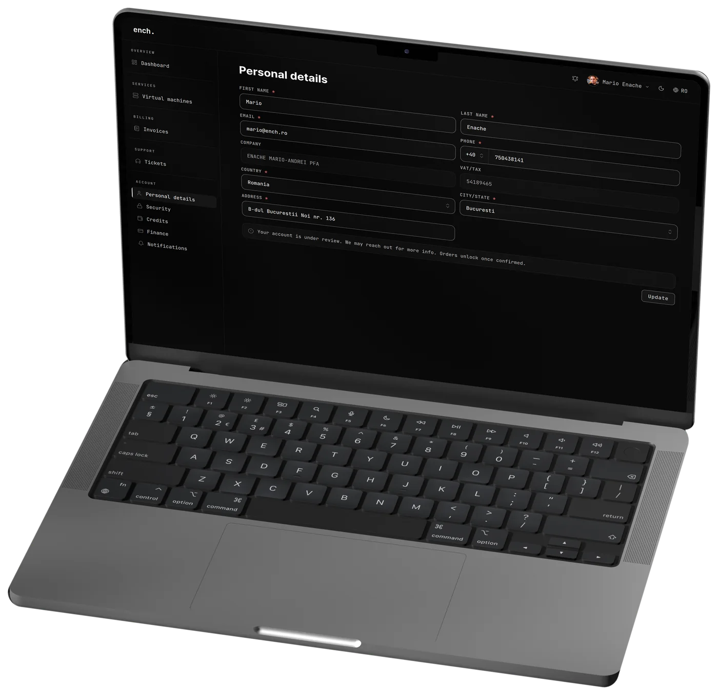 The ench. client portal on a laptop: the personal and company details page