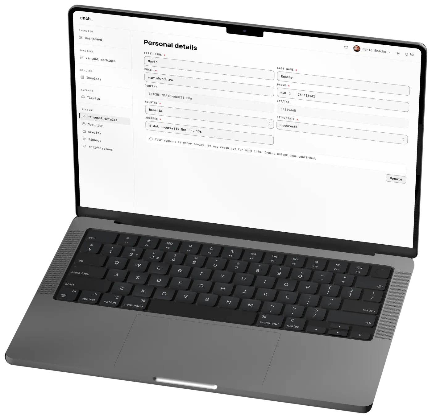 The ench. client portal on a laptop: the personal and company details page