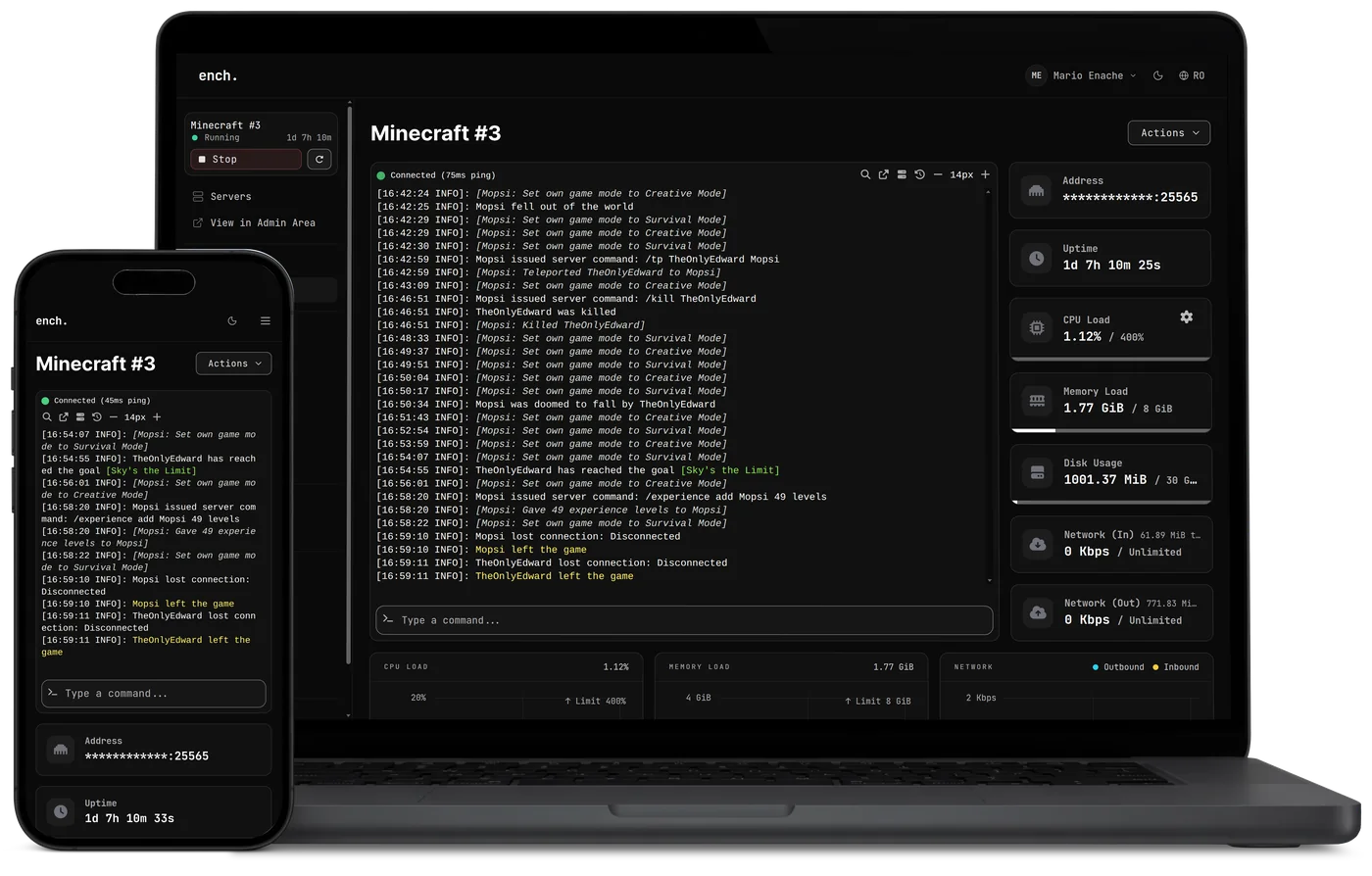 The ench. game panel on a laptop and a phone: the server console
