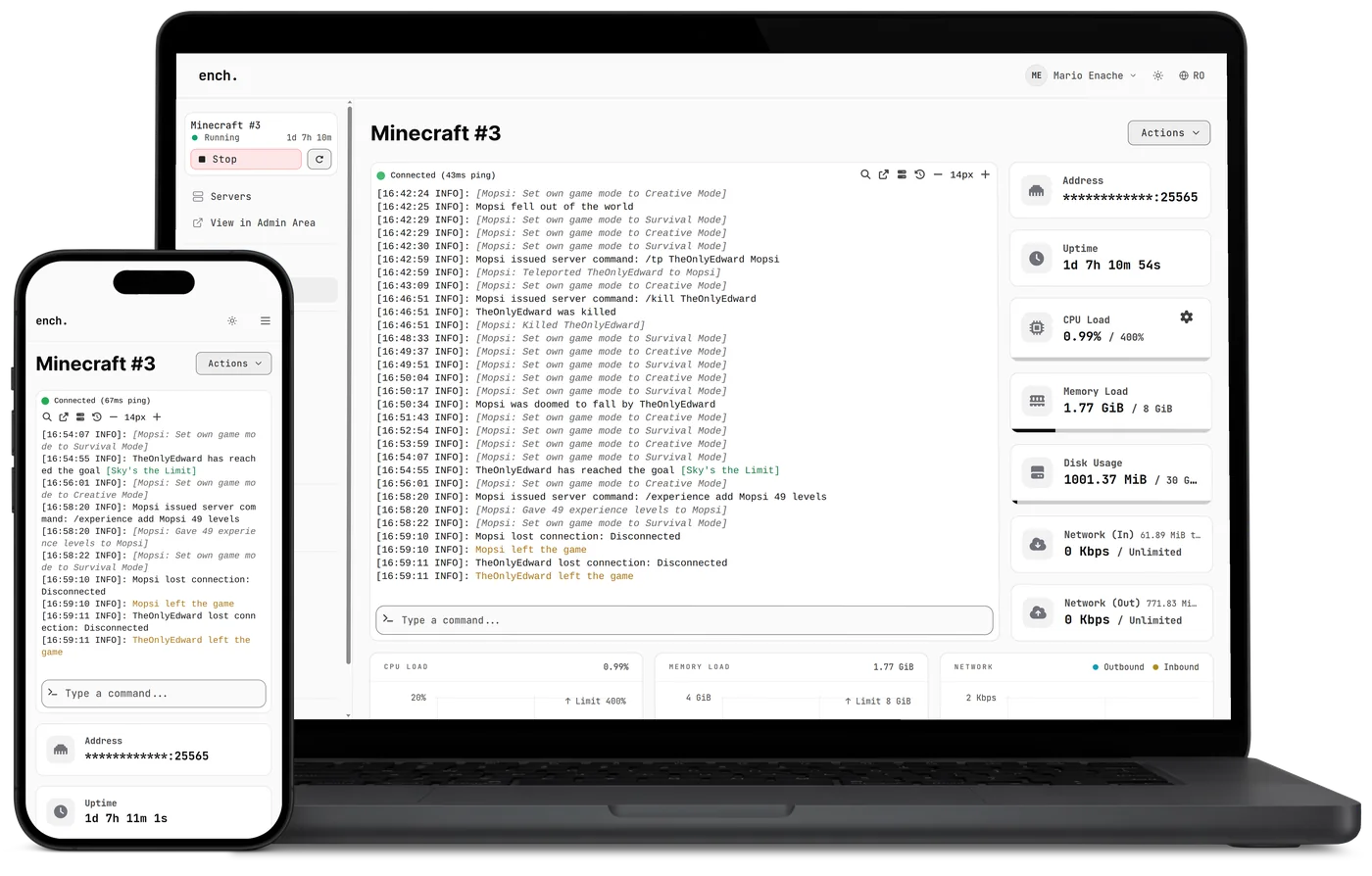 The ench. game panel on a laptop and a phone: the server console