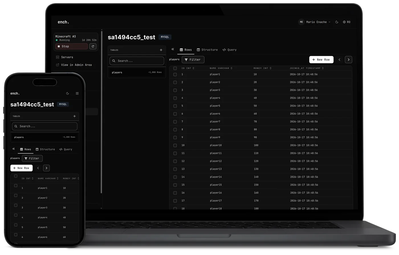 The ench. game panel on a laptop and a phone: databases
