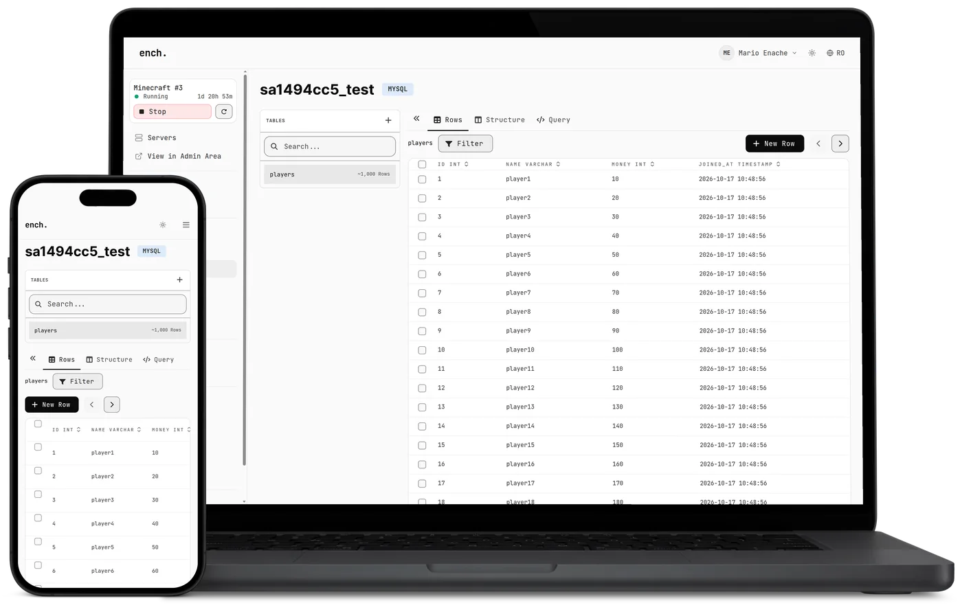 The ench. game panel on a laptop and a phone: databases