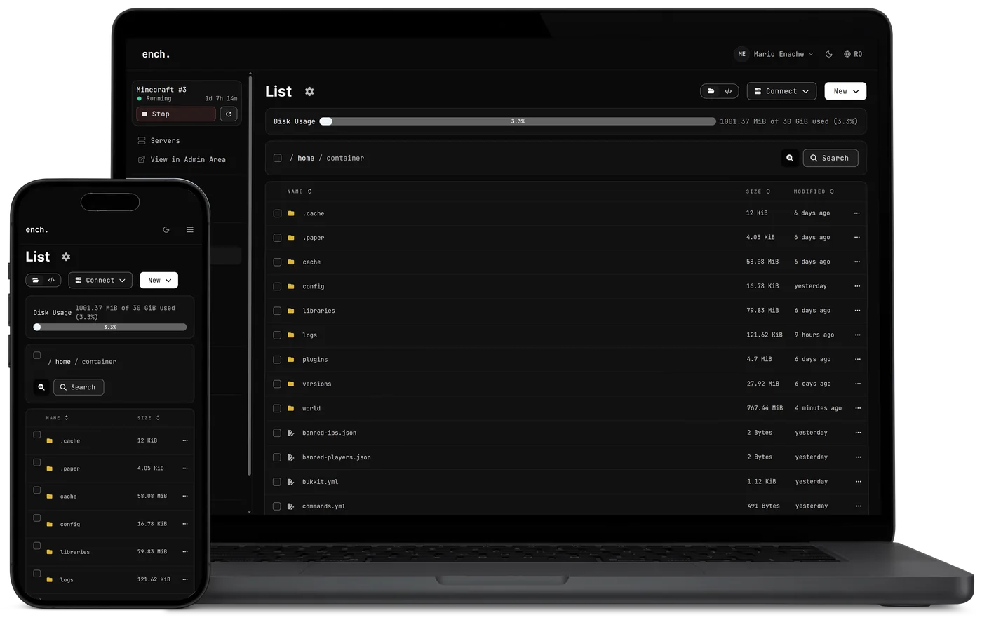 The ench. game panel on a laptop and a phone: the file manager