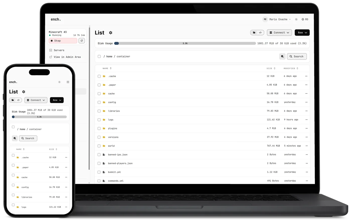The ench. game panel on a laptop and a phone: the file manager
