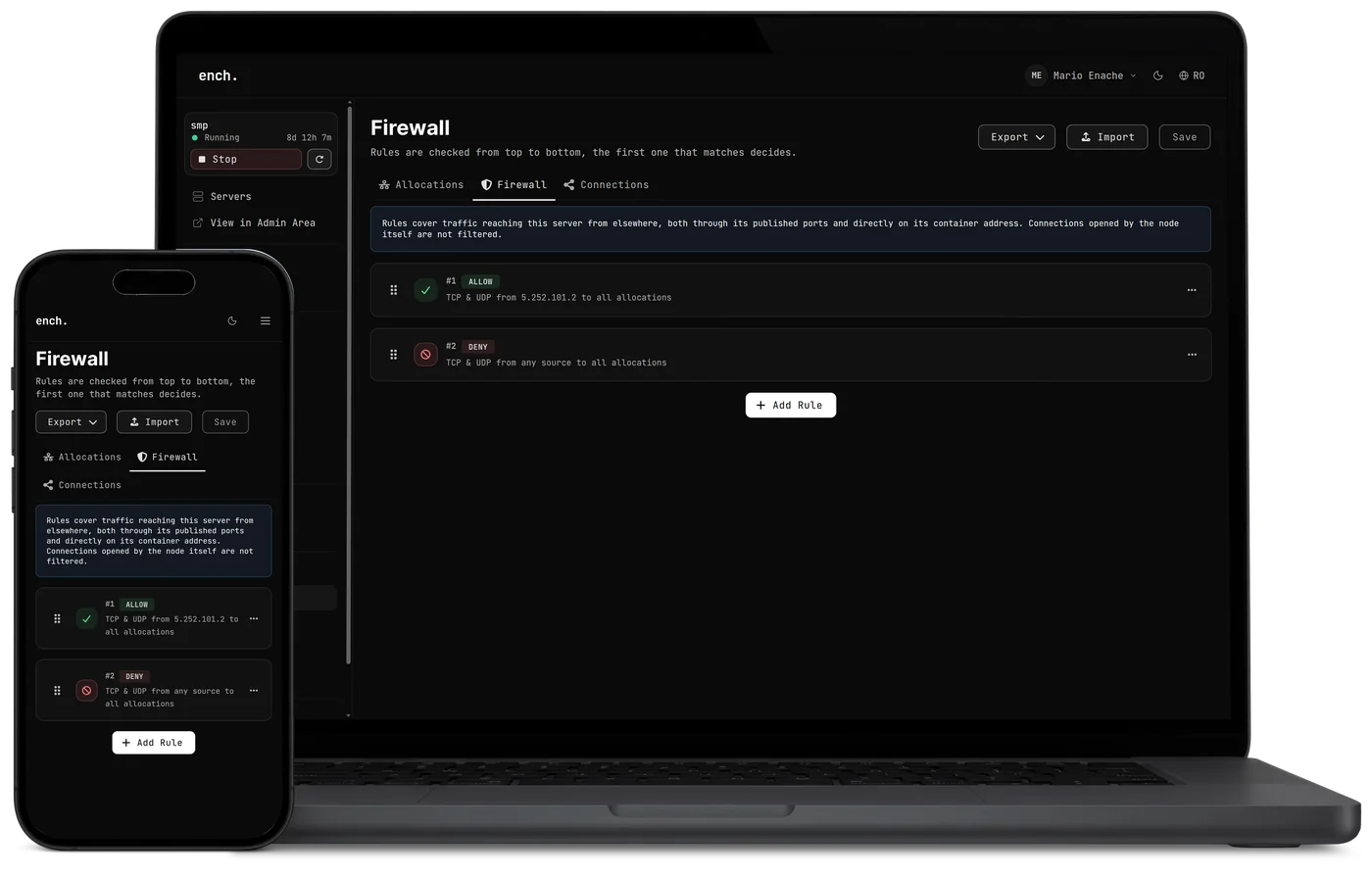 The ench. game panel on a laptop and a phone: firewall rules