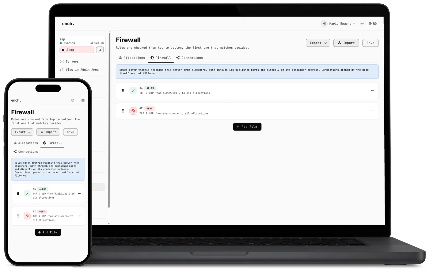 The ench. game panel on a laptop and a phone: firewall rules